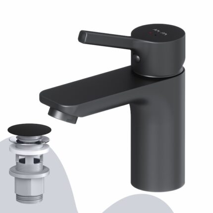 Baterie lavoar AM.PM X-Joy S FXB82122, 3/8", monocomanda, cu supapa de evacuare, cartus ceramic SoftMotion 35 mm, Neoperl Aerator, Alama, Negru Mat