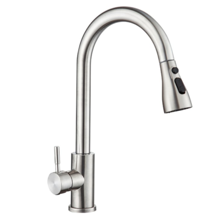Baterie pentru chiuveta cu buton ON/OFF, 2 tipuri de jet, pipa inalta, capat extractabil, racorduri incluse, din otel inoxidabil, finisaj mat, argintiu, PROMERCO®