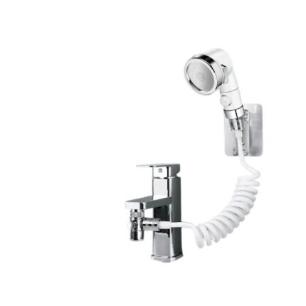 Set de dus cu para, furtun flexibil si suport de perete, pentru robinet de chiuveta sau cada, culoare argintie