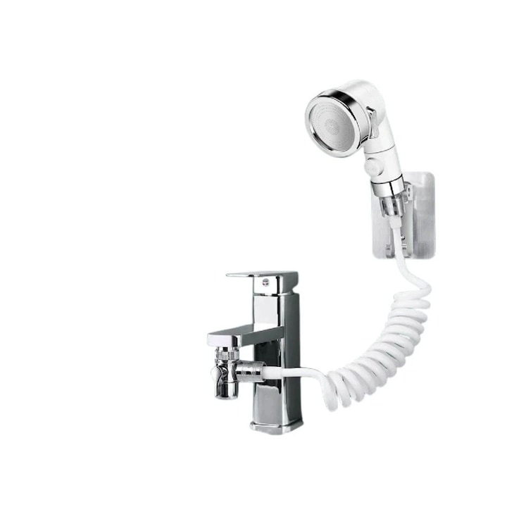 Set de dus cu para, furtun flexibil si suport de perete, pentru robinet de chiuveta sau cada, culoare argintie