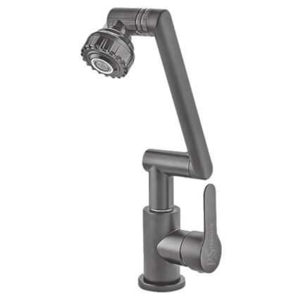Baterie sanitara pentru chiuveta/lavoar cu brat rotativ, PS Products, Gri mat, Rotire 1080, cartus ceramic