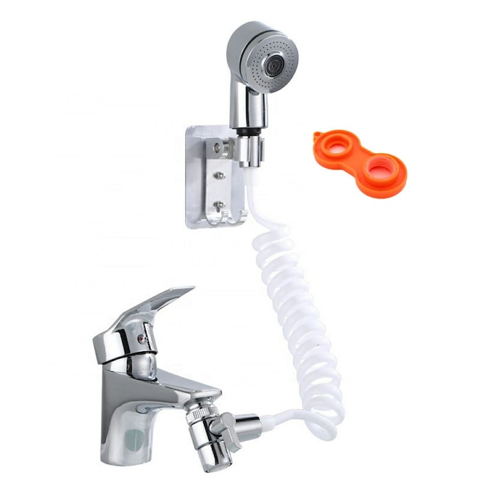 Set de dus cu Para, Furtun flexibil si suport de perete, pentru robinet de chiuveta sau cada, argintiu