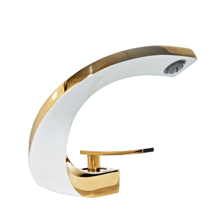 Baterie baie modern, alb cu auriu cu design modern, finisaj premium, otel inoxidabil, racorduri incluse