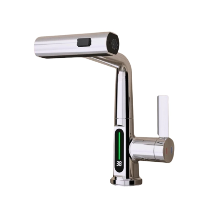 Baterie baie/bucatarie, chrome, cu display temperatura, curgere tip cascada, jet sau spray, dus extractibil, aspect modern