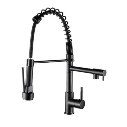 Baterie sanitara profesionala Luxury, cu dus flexibil pentru bucatarie, 360 de grade, pipa suplimentara, otel inoxidabil, racorduri incluse, negru