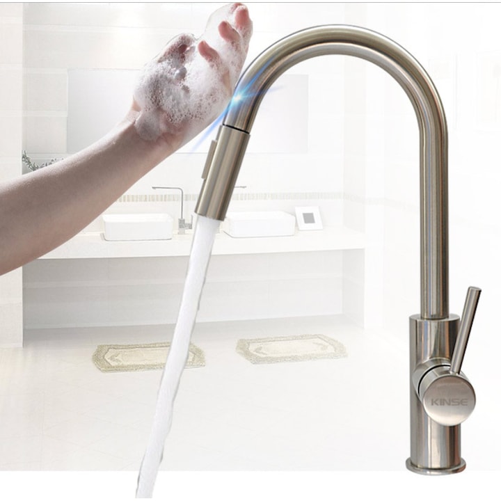Baterie bucatarie cu dus extractabil, pipa cu touch pentru pornirea/oprirea apei, crom