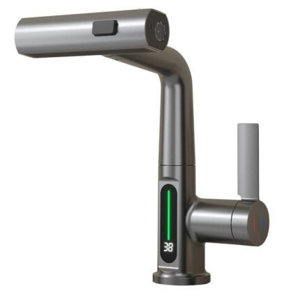 Baterie de chiuveta AxaCube®, afisaj LED al temperaturii, cartus ceramic, corp si pipa extensibila, 3 moduri de curgere, gri