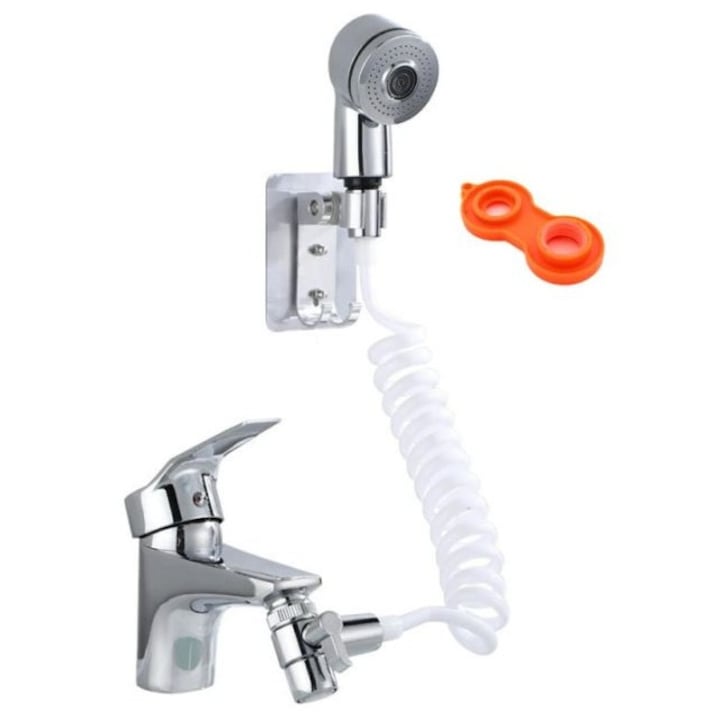 Set de dus cu para, furtun extensibil pentru chiuveta sau cada, suport de perete, otel inoxidabil, argintiu