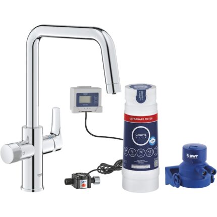 Baterie de bucatarie Grohe Blue Pure Start 30594000, 3/8'', filtrare apa, pipa inalta, tip U, pivotanta, 3000 l filtru inclus, contor, Crom