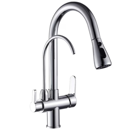 Baterie Bucatarie cu 3 cai, iesire pentru Filtru de Apa Purificata, racorduri incluse, din Alama, Crom, Rain Drop de la Robinetul Meu