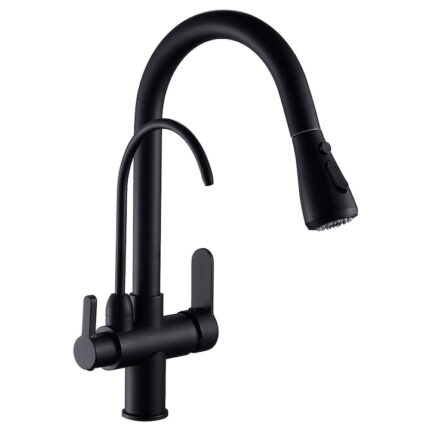 Baterie sanitara bucatarie cu 3 cai, cu iesire pentru Filtru de Apa Purificata, din Alama, negru mat, Rain Drop de la RobinetulMeu