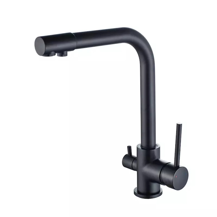 Baterie bucatarie cu 3 cai Loren, filtru apa purificare apa, alama sanitara, negru mat