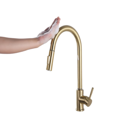 Baterie bucatarie profesionala Luxury cu senzor pentru pornirea/oprirea apei, touch control, dus extractabil, pipa flexibila, 2 functii de curgere, Aurie