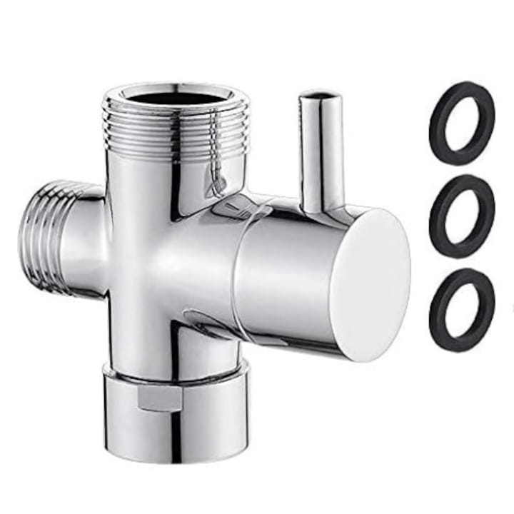 Adaptor baterie dus, JENOUS®, G1/2", supapa de deviere cu trei cai, material din alama, suprafata cromata, antirugina, potrivita pentru dusuri de mana si duze fixe, Argintiu