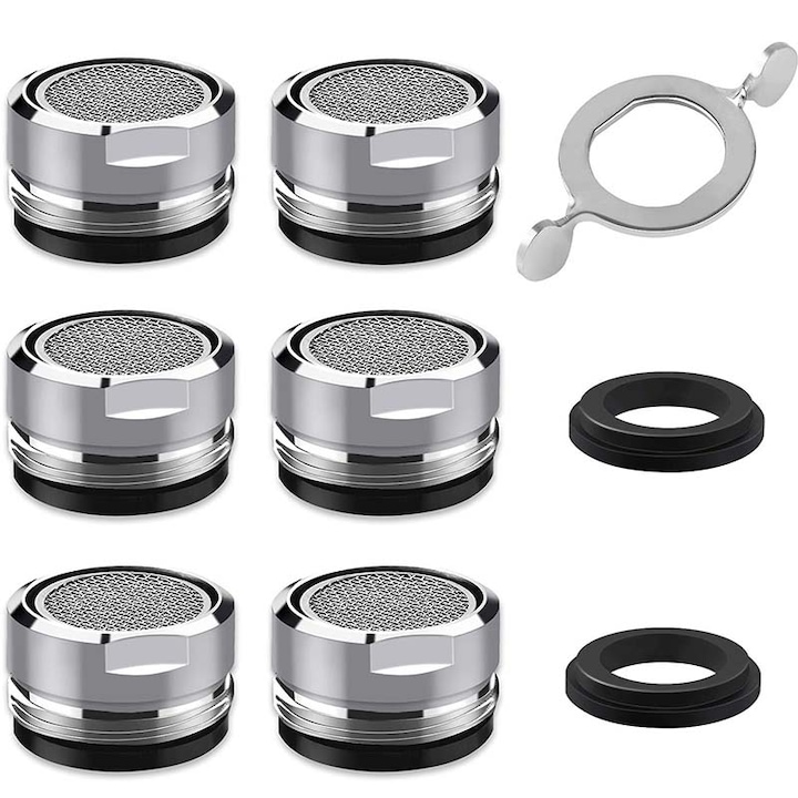 Set 6 aeratoare robinet, Cu cheie si garnitura de etansare, economie de apa de pana la 50%, debit de apa 12-15L/min, functie de filtrare, Inox/ABS, argintiu