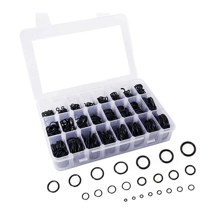 Cu cutie de depozitare Set 360 garnituri din cauciuc, zggzerg, Cu cutie de depozitare, Usor de depozitat, Sortiment de garnituri O-Ring inel de etansare in 24 de dimensiuni diferite, Pentru reparatii autoturisme Sanitary Workshop Hydraulic, Negru