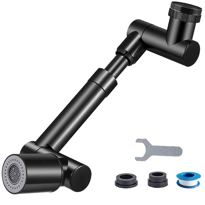 Adaptor de robinet cu brat mecanic telescopic, Lecheng®, extensibil si rotativ 1440° pivotant in orice directie, functie de economisire a apei, usor de montat, doua moduri dus si bule, Negru