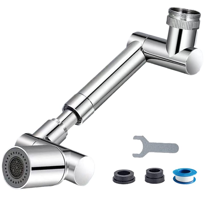 Adaptor de robinet cu brat mecanic telescopic, Lecheng®, extensibil si rotativ 1440° pivotant in orice directie, functie de economisire a apei, usor de montat, doua moduri dus si bule, Argintiu