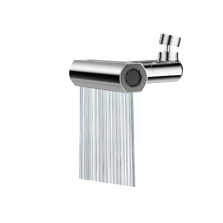 Adaptor Rotativ pentru Robinet Bucatarie, Baie cu 4 Moduri de Dispersie: Jet, Normal Aerator, Cascada, Dus, constructie ABS si Cupru, Argintiu