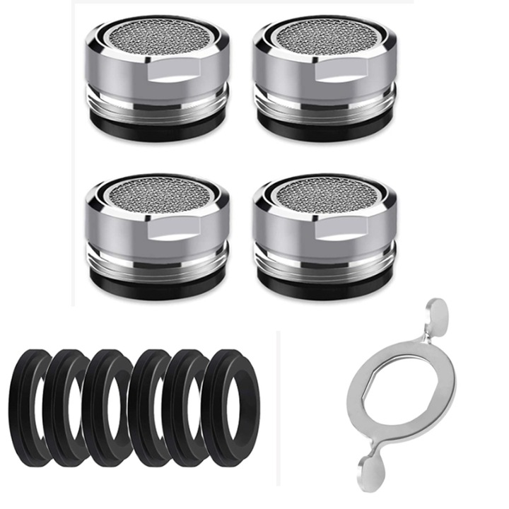 Set 4 aeratoare pentru robinet/6saibe/1 cheie, Inox, Argintiu