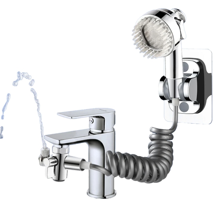 Adaptor pentru robinet de baie si bucatarie, ETERNIXY®, Multifunctional, 3 Functii, Aerator, Extensie cu rotire 360 de grade si reglare a intensitatii jetului de apa, Dus cu functie de masaj