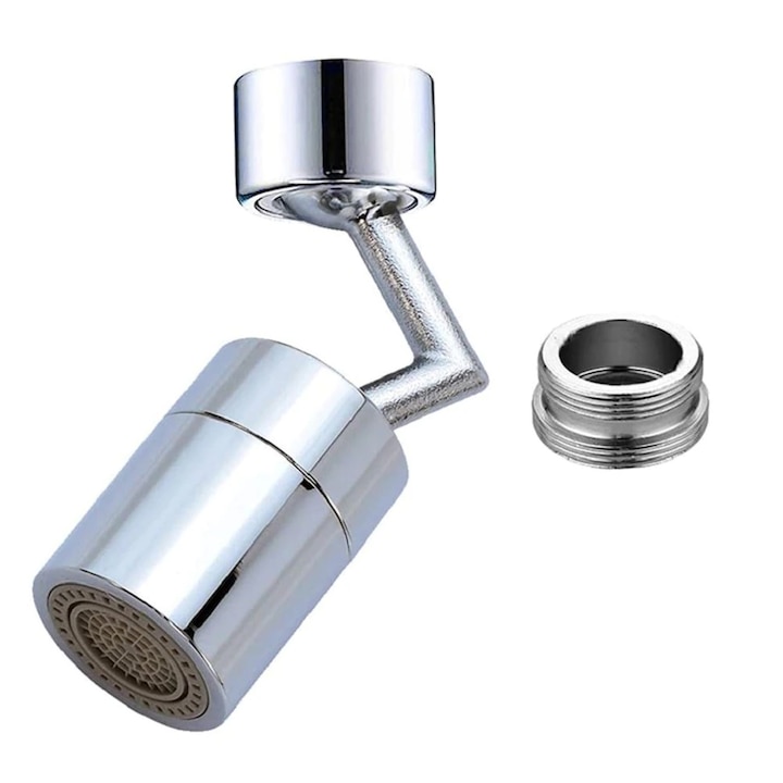 Adaptor universal atasabil la robinet pivotant cu cot rotire 720 , functie economizor filtrare antistropire , Dimensiune M22 mama cu adaptor M23 tata, Argintiu