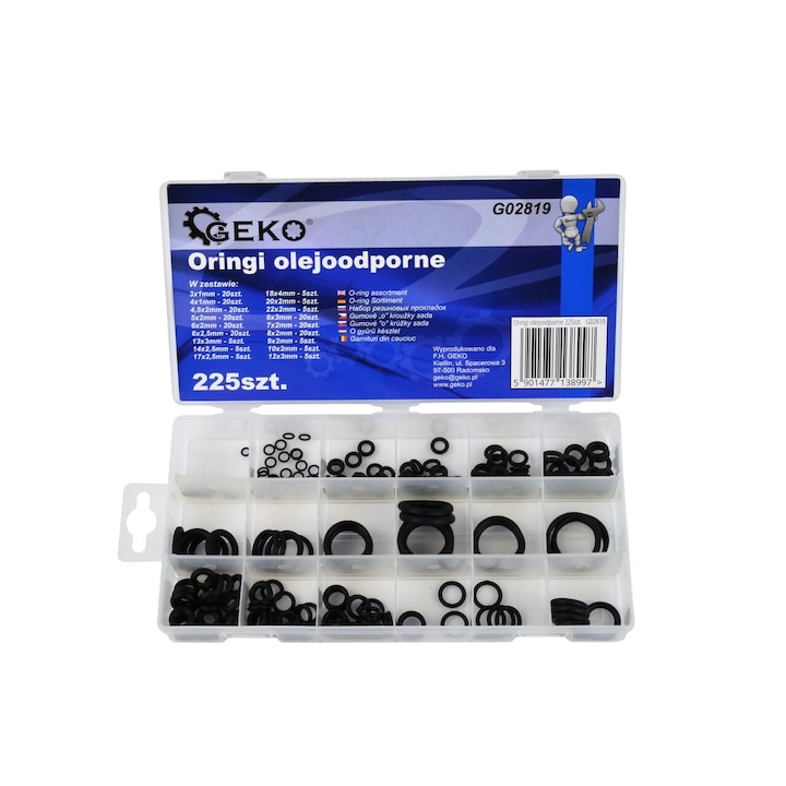 Set garnituri din cauciuc, 225 piese, 18 dimensiuni diferite, Geko, G02819