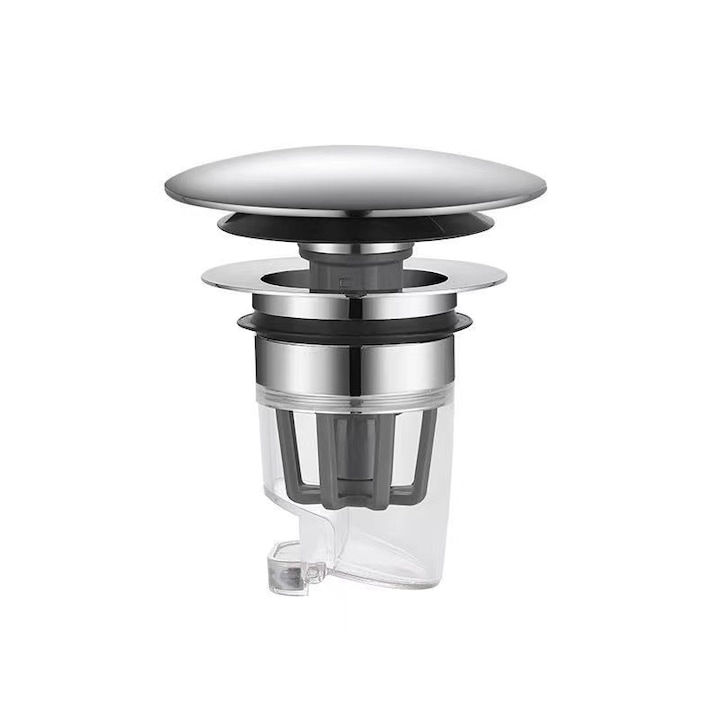 Ventil de lavoar cu sita pentru impuritati integrata, supapa de inchidere, garnitura de silicon, mereu inchis pentru a opri refluxul de miros, BRAGUS®, Argintiu
