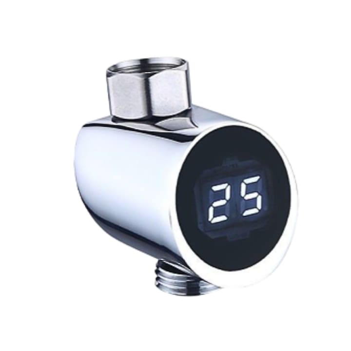 Termometru Digital pentru dus/cada USSPY, Metal alama Crom, cu afisare digitala, Senzor de Temperatura, 5-85°C, montare usoara, argintiu