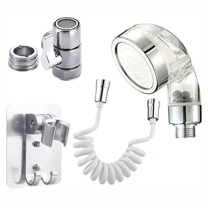 Set Extensie Dus GREATON Pentru Robinet, Montare In Baie, Furtun Flexibil, Suport Para Dus, Argintiu