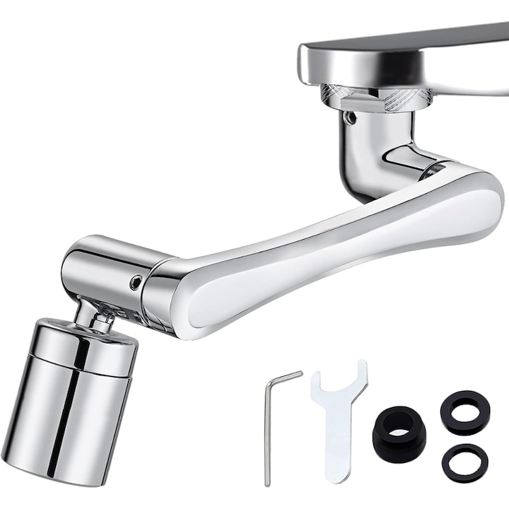 Aerator apa pivotant si rotativ 1080 grade in orice directie, adaptor pentru robinet cu 2 moduri de pulverizare dus/bule si functie de economizor consum apa in baie si bucatarie, cromat, argintiu