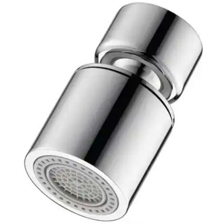 Extensie rotativa universala pentru robinet cu filet M22, Confectionata din PP, Presiune apa 8 bari, Prevazut cu rulment cu bile, 2 moduri de functionare tip jet, Reduce consumul de apa pana la 80%, Lungime 4.8 cm, Diametru 2.2 x 2.7 cm, Argintiu