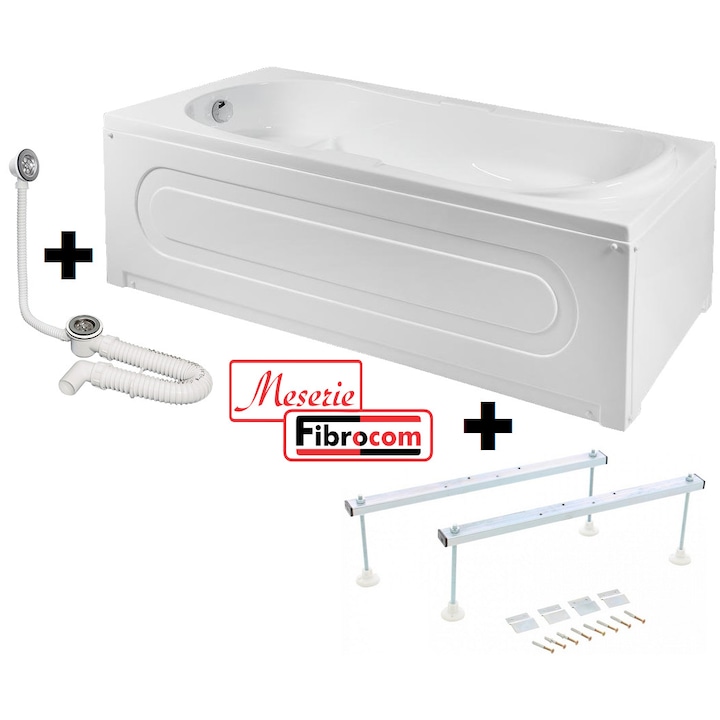 Sifon Evacuare si Cada de Baie Fibrocom Comodus 180x80 Pachet Complet Cada Acril 180x80 - Masca Frontala, Cadru Metalic, Sifon Evacuare si Cada de Baie Fibrocom Comodus 180x80