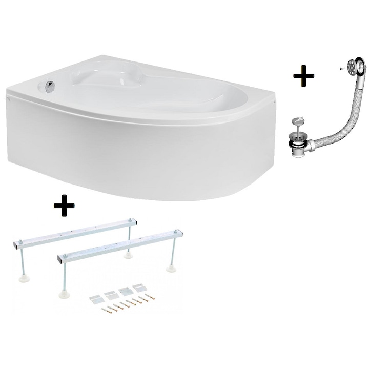 Pachet Complet Cada Acril pe Colt 150x100 - Masca Frontala, Cadru Metalic, Sifon Evacuare si Cada de Baie Fibrocom Saturn 150x100, Dreapta