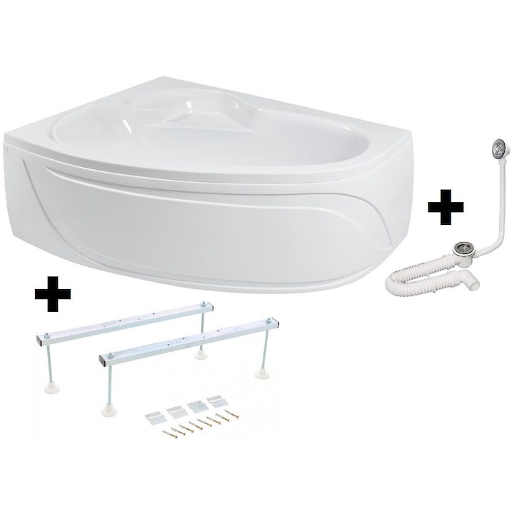Pachet Complet Cada Acril pe Colt 160x105 - Masca Frontala, Cadru Metalic, Sifon Evacuare si Cada de Baie Fibrocom Ares 160x105, Dreapta