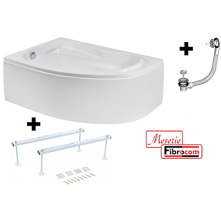 Pachet Complet Cada Acril pe Colt 140x90 - Masca Frontala, Cadru Metalic, Sifon Evacuare si Cada de Baie Fibrocom Saturn 140x90, Dreapta