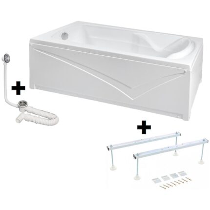 Pachet Complet Cada Acril 150x80 - Masca Frontala, Cadru Metalic, Sifon Evacuare si Cada de Baie Fibrocom Nikoss 150x80
