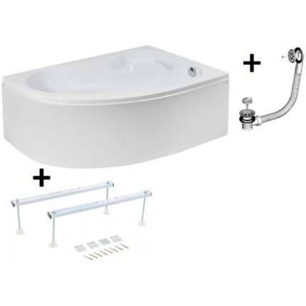 Pachet Complet Cada Acril pe Colt 150x100 - Masca Frontala, Cadru Metalic, Sifon Evacuare si Cada de Baie Fibrocom Saturn 150x100, Stanga