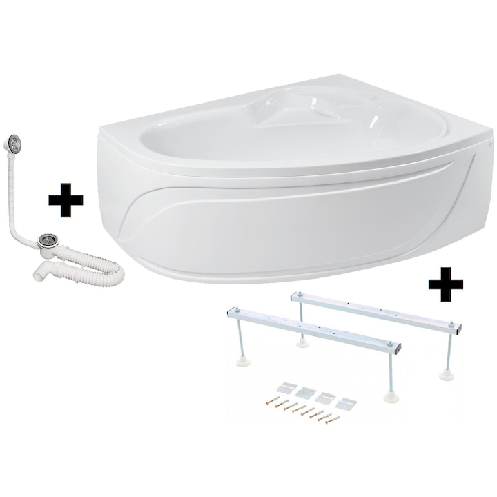 Pachet Complet Cada Acril pe Colt 160x105 - Masca Frontala, Cadru Metalic, Sifon Evacuare si Cada de Baie Fibrocom Ares 160x105, Stanga