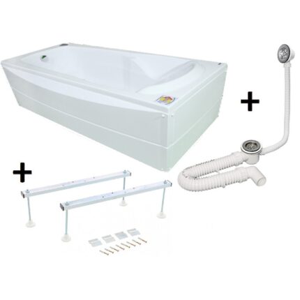 Pachet Complet Cada Acril 180x80 - Masca Frontala, Cadru Metalic, Sifon Evacuare si Cada de Baie Fibrocom Nikoss 180x80