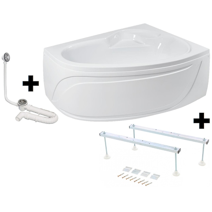 Pachet Complet Cada Acril pe Colt 150x105 - Masca Frontala, Cadru Metalic, Sifon Evacuare si Cada de Baie Fibrocom Hermes 150x105, Stanga