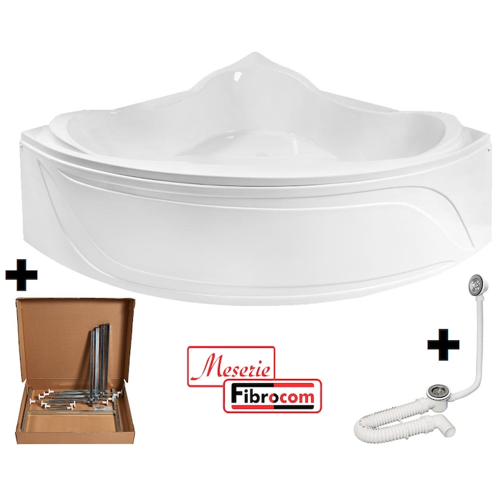 Pachet Complet Cada Acril pe Colt 160x160 - Masca Frontala, Cadru Metalic, Sifon Evacuare si Cada de Baie Fibrocom Supernova 160x160