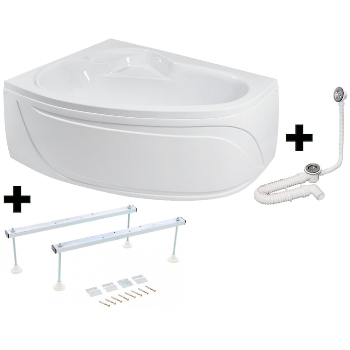 Pachet Complet Cada Acril pe Colt 150x105 - Masca Frontala, Cadru Metalic, Sifon Evacuare si Cada de Baie Fibrocom Hermes 150x105, Dreapta
