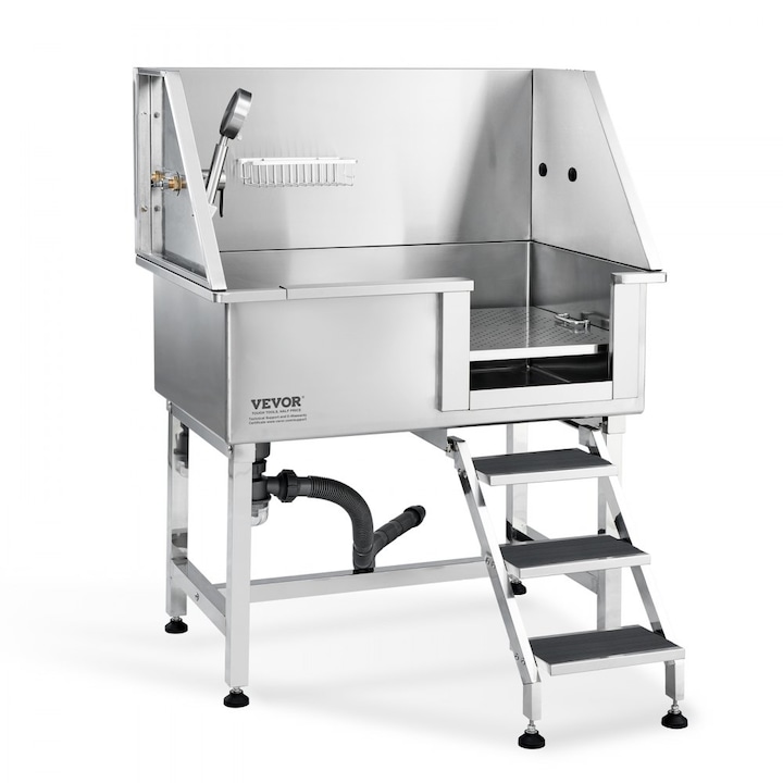 Set Baie pentru Caini, Dimensiuni Cada 96.6 x 40 cm, Capacitate 100 kg, Suport Sapun, Dus, Robinet, Scari pe Partea Dreapta, Pentru Animale Mari, Mijlocii si Mici