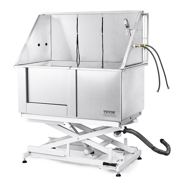 Set Baie pentru Caini, 1.27 m, Capacitate 150 Kg, cu Scari, Cada Profesionala, Toaleta, Robinet, Chiuveta, Cutie de Sapun, Otel Inoxidabil, Pentru Animale Mari, Mijlocii si Mici
