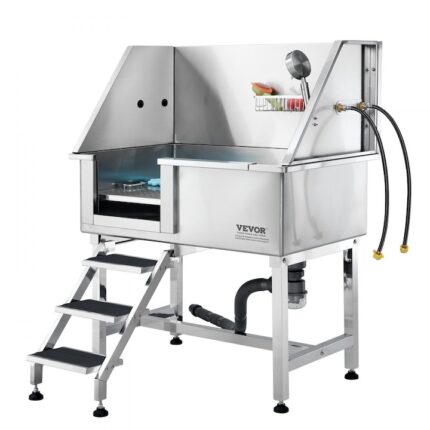 Set Baie pentru Caini, Dimensiuni Cada 96.6 x 40 cm, Capacitate 100 kg, Suport Sapun, Dus, Scari pe Partea Stanga, Pentru Animale Mari, Mijlocii si Mici