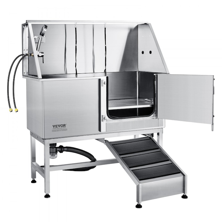 Set Baie pentru Caini, Dimensiuni Cada 150 x 48 cm, Capacitate 200 kg, Suport Sapun, Dus, Robinet, Rampa pe Partea Dreapta, Pentru Animale Mari, Mijlocii si Mici