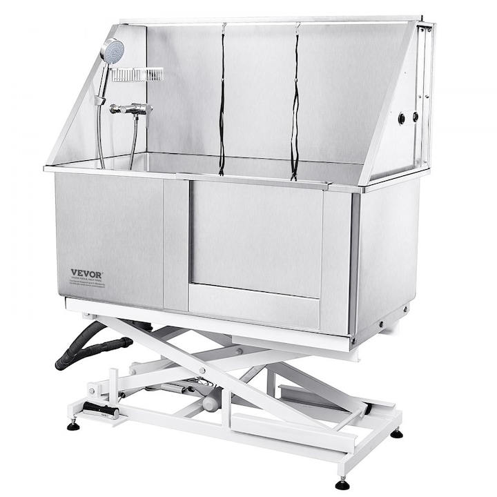 Set Baie pentru Caini, 1.27 m, Capacitate 150 Kg, Reglare Electrica a Inaltimii, Cada Profesionala, Toaleta, Robinet Stanga, Chiuveta, Cutie de Sapun, Otel Inoxidabil, Pentru Animale Mari, Mijlocii si Mici