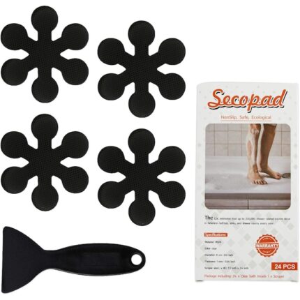 Set 24 Stickere Antiderapante pentru Cada si Dus Tovbmup, Negru, 8cm, Racleta Inclusa