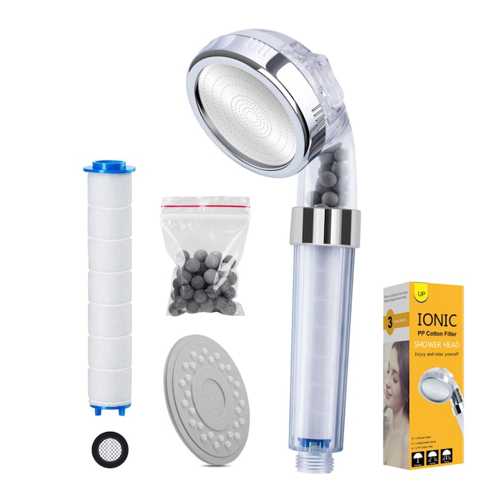 Cap de dus cu 3 functii INNOVIO®, Filtru de bumbac si granule minerale active, Ioni negativi, Presiune inalta, Functie economisire apa, Model CP-1595